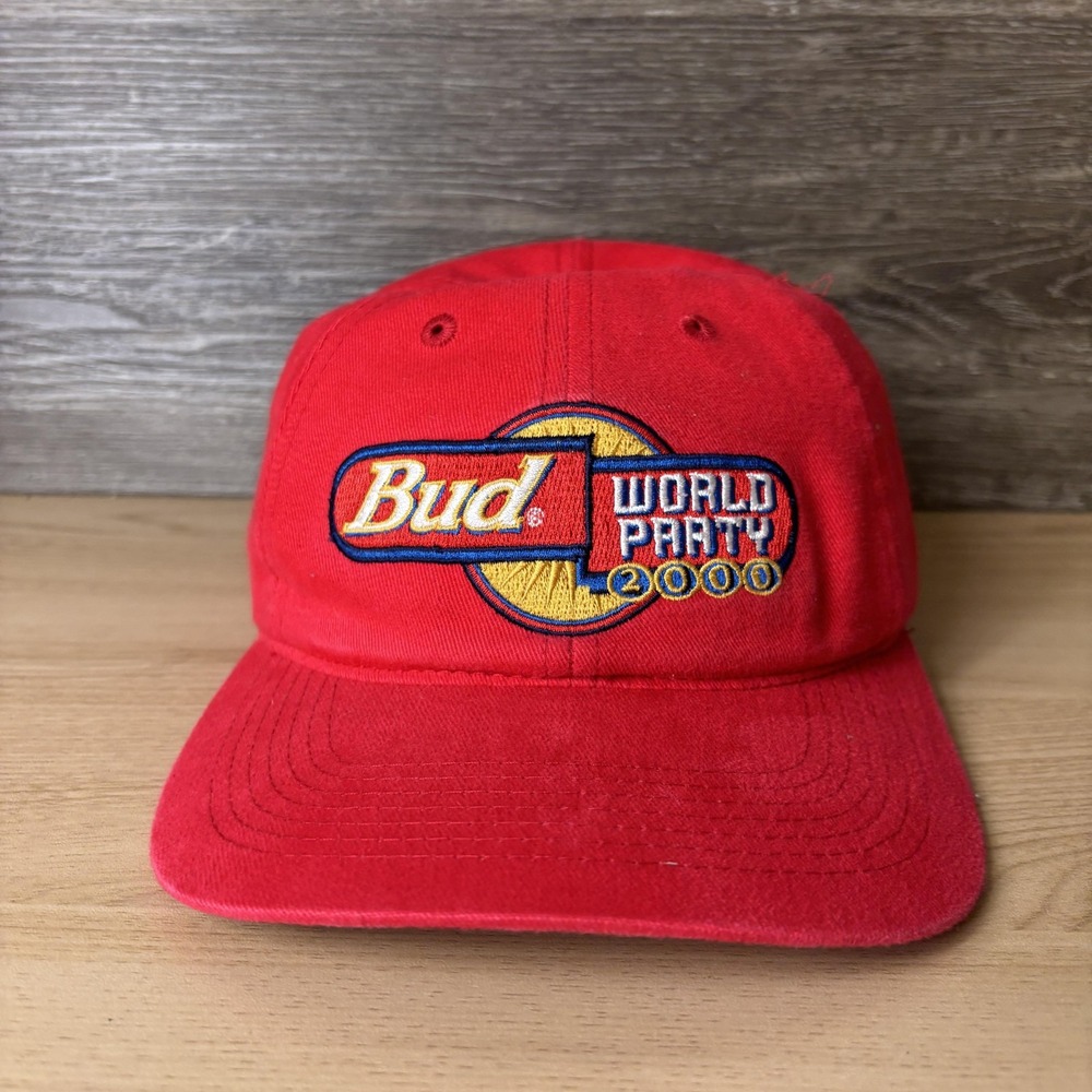 Vintage Budweiser World Party 2000 Red Hat Adjustable Dad Cap Beer Logo Marks